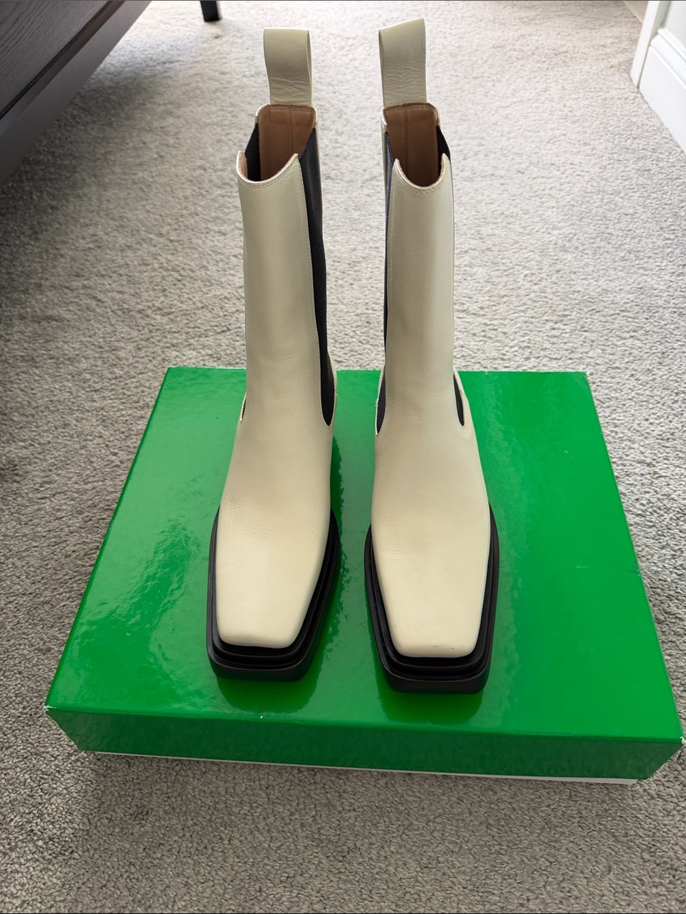Bottega Veneta Cream Leather Square-Toe Mid-Calf Heeled Chelsea Boots